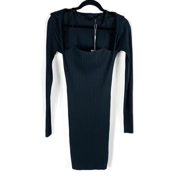 Helmut Lang Lux Pima‎ Long Sleeve Dress Black Ribbed Mini Collared Sz L - Picture 6 of 12